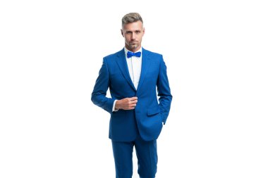 confident man bridegroom in blue rich tux bow isolated on white background.