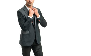 cropped man bridegroom in formal tuxedo isolated on white with copy space.