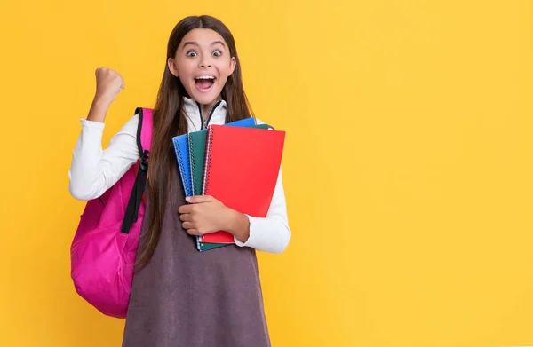 Successful Child School Backpack Workbook Yellow Background — Foto de Stock