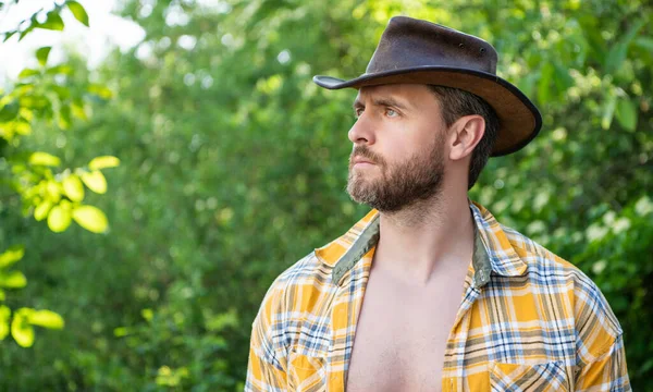 Bearded Man Cowboy Hat Sexy Man Checkered Shirt Western Man —  Fotos de Stock