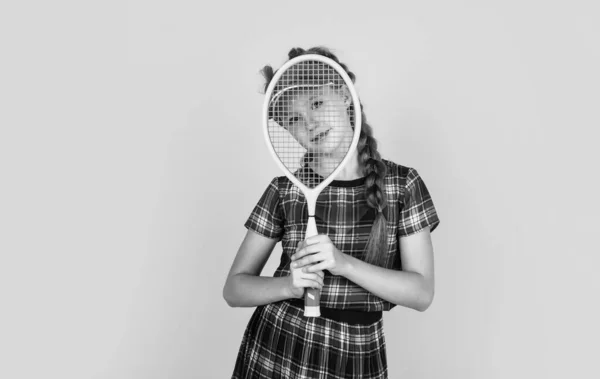 Relaxing Training Happy Girl Holding Sport Equipment Kid Hold Tennis — Stock Photo, Image