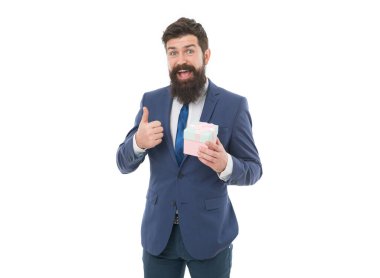 Gift for colleague. Ways to promote loyalty rewards program. Office party. Pleasant surprise. Gift for client. Man bearded hipster formal clothes hold gift box white background. Thankful concept.