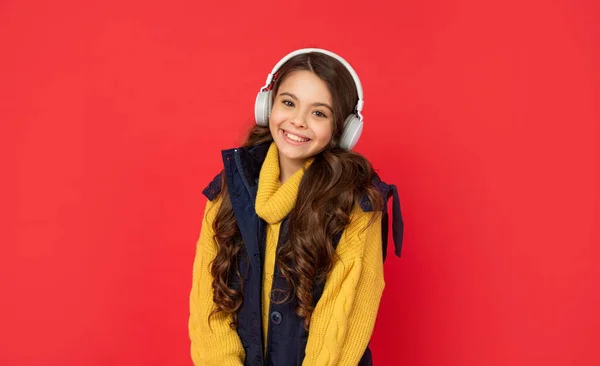 Cheerful Child Listen Music Headphones Kid Wear Vest Express Positive — Foto Stock
