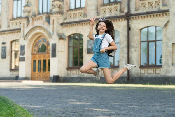 Positive Teen Kid Jump Energetic Teen Girl Jump Outdoor Free — Fotografia de Stock