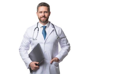 Telehealth doctor isolated on white. Medical man holding laptop. Telehealth care. Ehealth. Emedicine. Telemedicine. Digital healthcare, copy space.