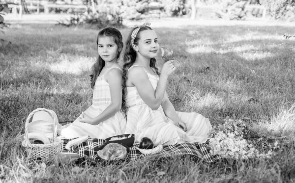 Los Bebés Pequeños Comen Comida Picnic Hierba Verde Soleado Paisaje —  Fotos de Stock