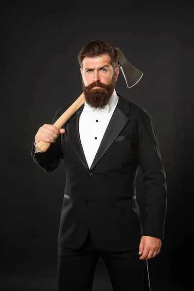 Well Bearded Moustached Bearded Man Carry Hatchet Axe Shave Haircut — 图库照片