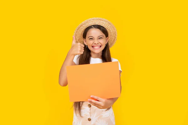 Happy Teen Kid Copy Space Orange Paper Yellow Background Thumb — Fotografia de Stock