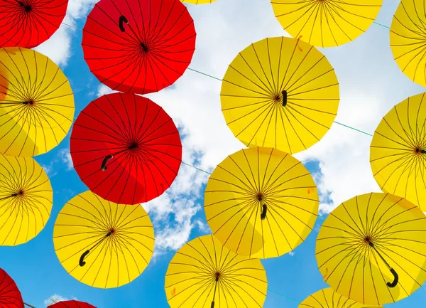 Bright Color Umbrellas Hanging Bottom Sky Background — Stok fotoğraf