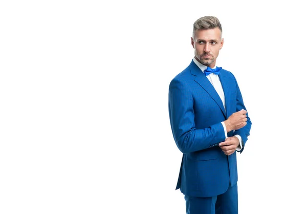 Confident Businessman Blue Tuxedo Suit Neck Bow Isolated White Background — Foto de Stock