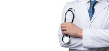 Doctor holding stethoscope. Doctor man crop view. Medical doctor in white coat. Professional healthcare, copy space.