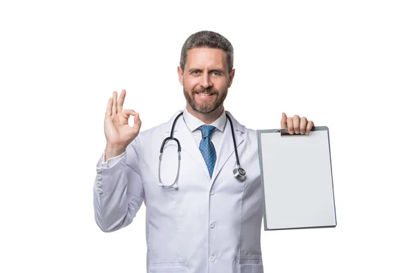 Positive Doctor Showing Clinical Record Doctor Isolated White Clinical Record — Stok fotoğraf