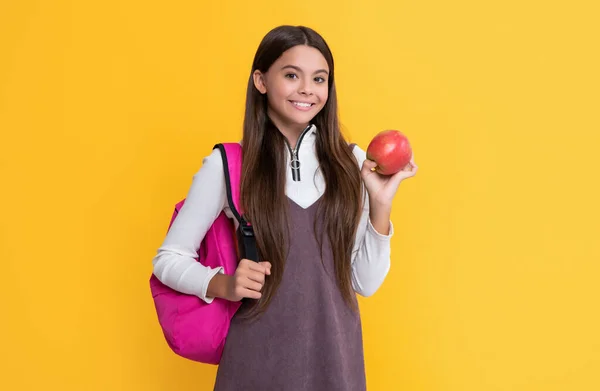 Happy Child School Backpack Apple Yellow Background — Stockfoto