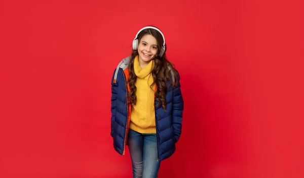 Cheerful Child Coat Listen Music Headphones Education — Stockfoto
