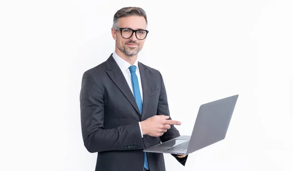 Cheerful Mature Businessman Working Laptop Isolated White Background — ストック写真