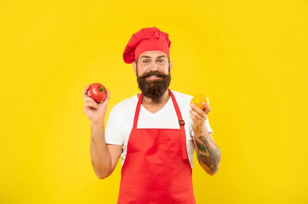 Happy Man Cooking Apron Toque Holding Red Yellow Tomatoes Yellow — Stock Fotó