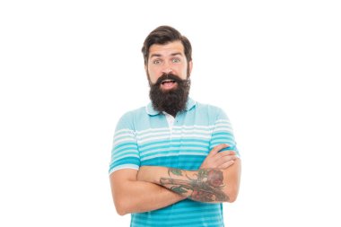Surprised man isolated on white. Unshaven man jaw dropped with surprise. Bearded man keeping arms crossed.