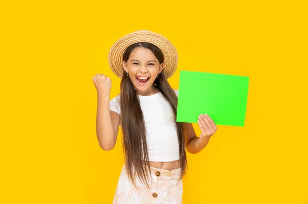 Successful Teen Girl Copy Space Green Paper Yellow Background — Stockfoto