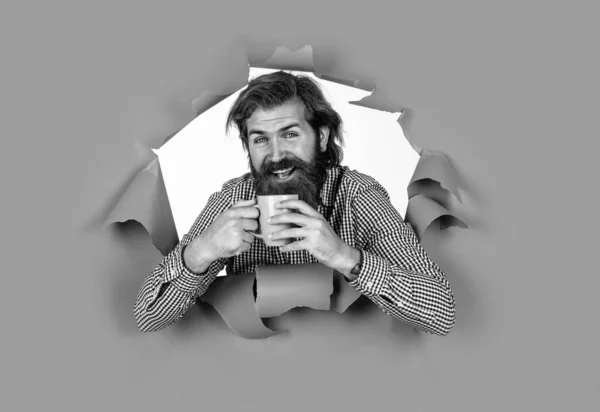 Happy Smiling Mature Man Mug Guy Beard Drinking Coffee Brutal — Stock Photo, Image