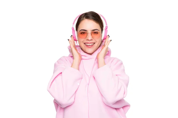 Happy Young Woman Student Casual Pink Hoodie Glasses Listening Online — Fotografia de Stock