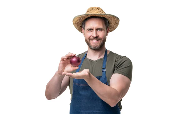 Man Apron Hat Presenting Onion Vegetable Isolated White — Stockfoto