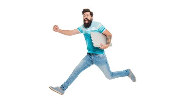 Energetic Blogger Midair Isolated White Happy Blogger Jumping Laptop Bearded — Stock fotografie