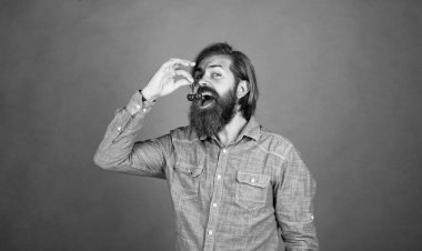 Sadece bir ısırık. Taze meyveli kendine güvenen çiftçi. Olgun kiraz tutan sakallı adam. Yazın hasat. Sakallı, olgun bir hippi. Kirazlı vahşi beyaz adam. organik meyveler.