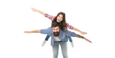 Best father ever. Support and upbringing. Father and daughter play planes. Kid play game fly plane wide apart hands. Child enjoy game with father. Parenthood fun. Fathers day. Active leisure concept.