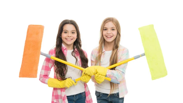 Helpful Cheerful Kids Cleaning Together Girls Protective Gloves Mops Ready — Stock Fotó
