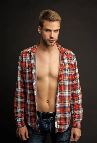 Serious Handsome Guy Fit Torso Hairless Chest Posing Open Plaid — Stock Photo, Image