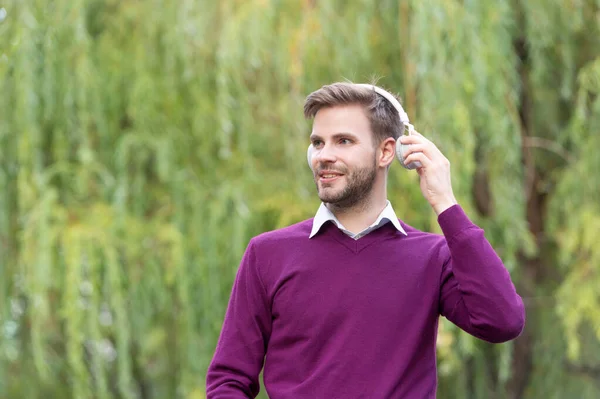 Young Handsome Guy Listen Music Headphones Outdoor Copy Space — Stockfoto