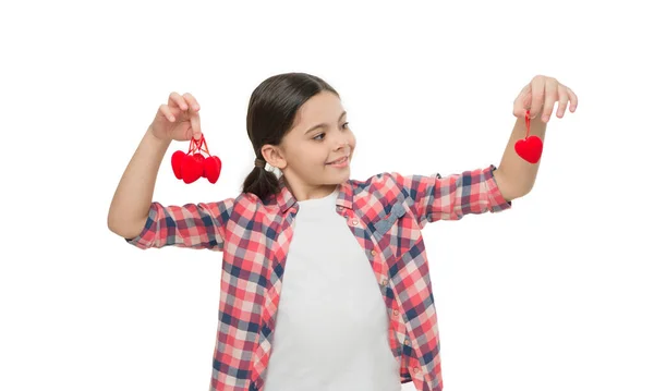 Small Girl Holding Hearts Sticks Cute Girl Red Hearts Child — Stock Fotó