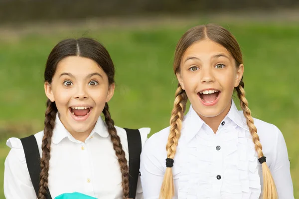 Schoolgirl Portrait Two Amazed Teen Children Schoolgirls Outdoor Friendship Schoolgirls — Stockfoto