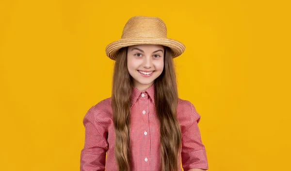 Happy Teen Child Straw Hat Yellow Background —  Fotos de Stock