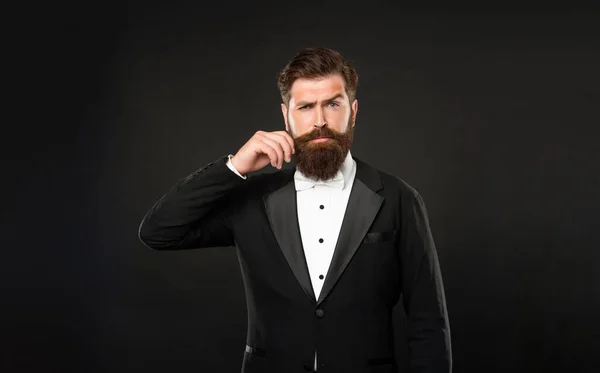 Serious Man Tuxedo Bow Tie Moustache Man Formalwear Black Background — Fotografia de Stock