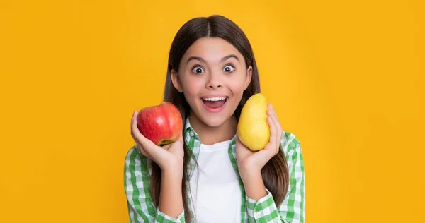 Amazed Kid Fresh Apple Pear Yellow Background — Stock Fotó