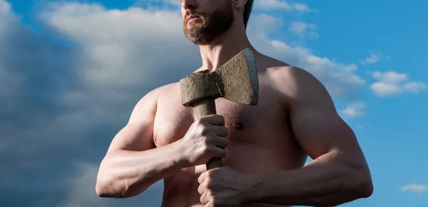 Cropped View Shirtless Man Axe Athlete Man Hold Brutal Man — Fotografia de Stock