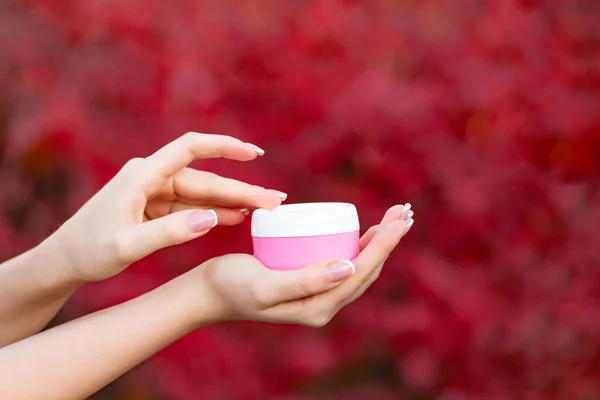 Hands Holding Applying Cream Jar Skincare Beauty Product — Stock fotografie