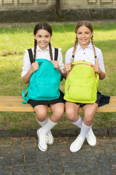 Back School Two Happy Teen Children School Backpack Friendship School — Zdjęcie stockowe