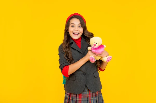 Happy Childhood Child Toy Amazed Teen Girl Toy Bear Back — Foto de Stock