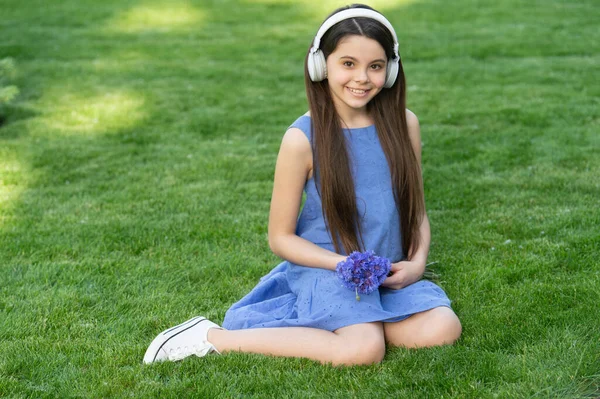 Cheerful Teen Girl Listen Music Child Wireless Music Headphones Kid — Fotografia de Stock