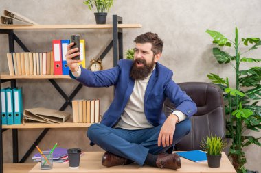 Boss up your selfie. Happy businessman taking selfie. Making video call. Mobile communication. Promote yourself and your business.