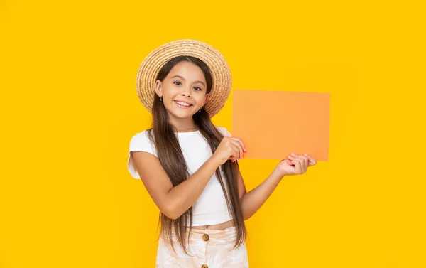 Positive Teen Girl Copy Space Orange Paper Yellow Background — Zdjęcie stockowe