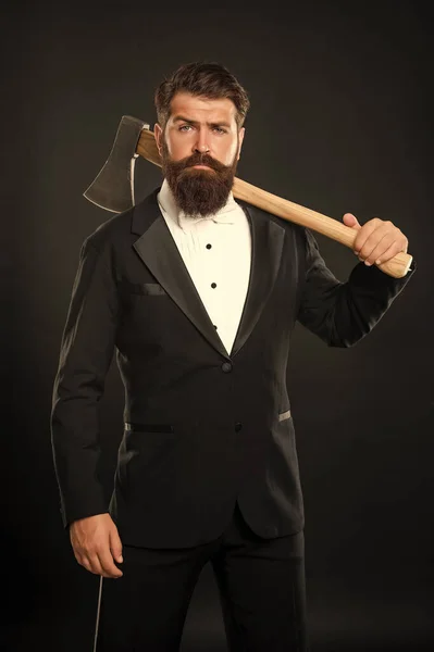 Serious Unshaven Man Beard Moustache Formal Suit Holding Axe Dark — Stock Photo, Image