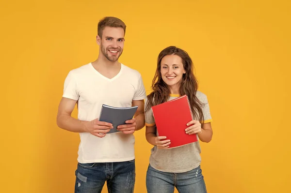 Cheerful Couple Hold Copybook Homework Back School Modern Education Knowledge — Stockfoto