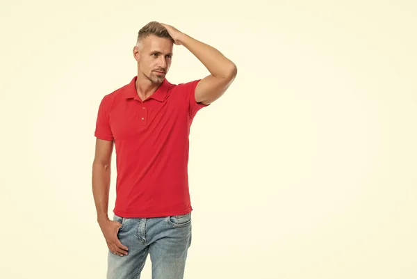 Male Fashion Model Casual Style Clothes Touch Hair Isolated White — Stockfoto