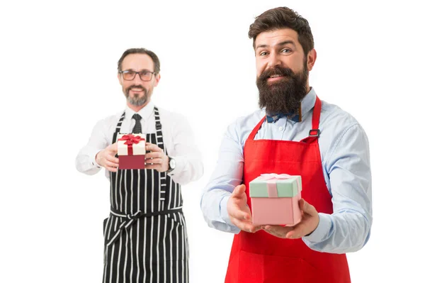 Chefs Compliment Men Gift Catering Business Bearded Men Hold Present — 图库照片