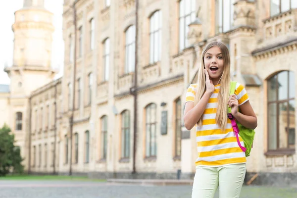 Shocked Teenage Girl Standing Jaw Dropped School Blurry Outdoors Copy — Fotografia de Stock