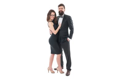 male tuxedo fashion. brutal man embrace his lady. couple in love. business meeting and partnership. love and romance. formal couple grooming. elegant sexy woman. Love you to the moon and back.