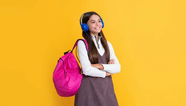 Cheerful Child Headphones School Backpack Yellow Background — Stock Fotó